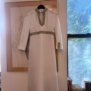 vintage 70s white boho maxi dress gold blue embellished collar bridal gown